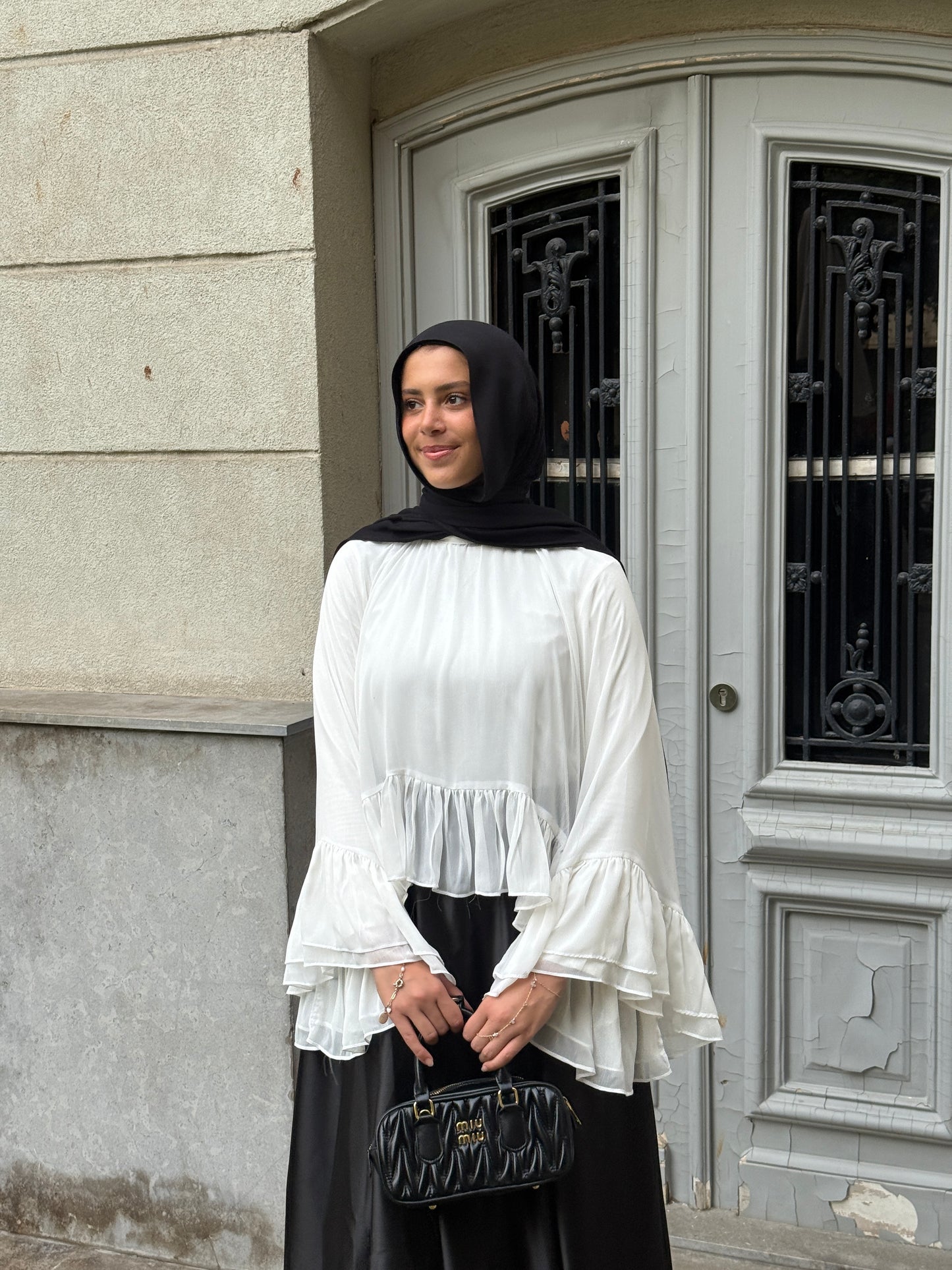 Flounced chiffon blouse with a cotton lining