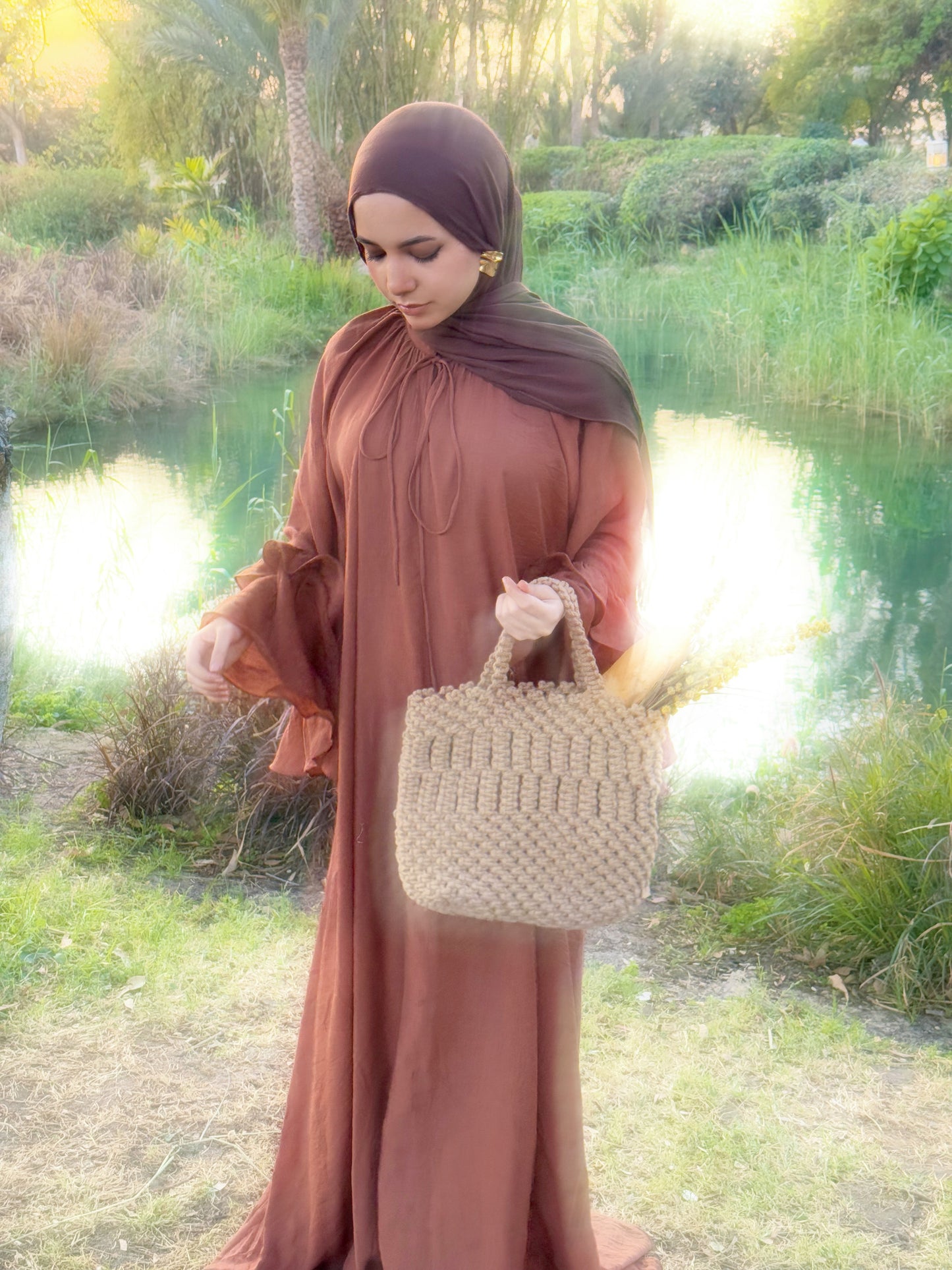 Linen-blend flounced dress with a belt