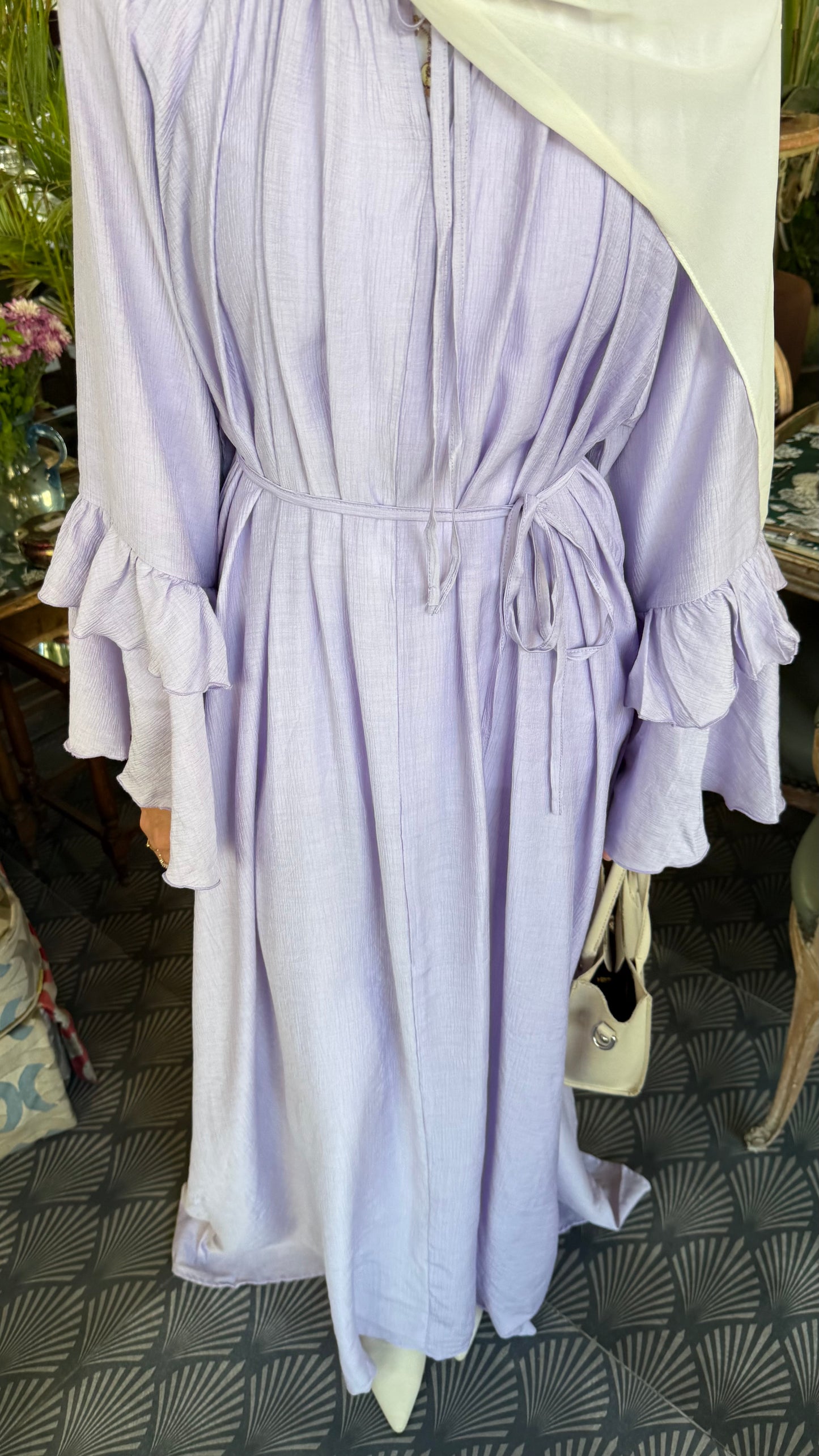 Linen-blend flounced dress with a belt