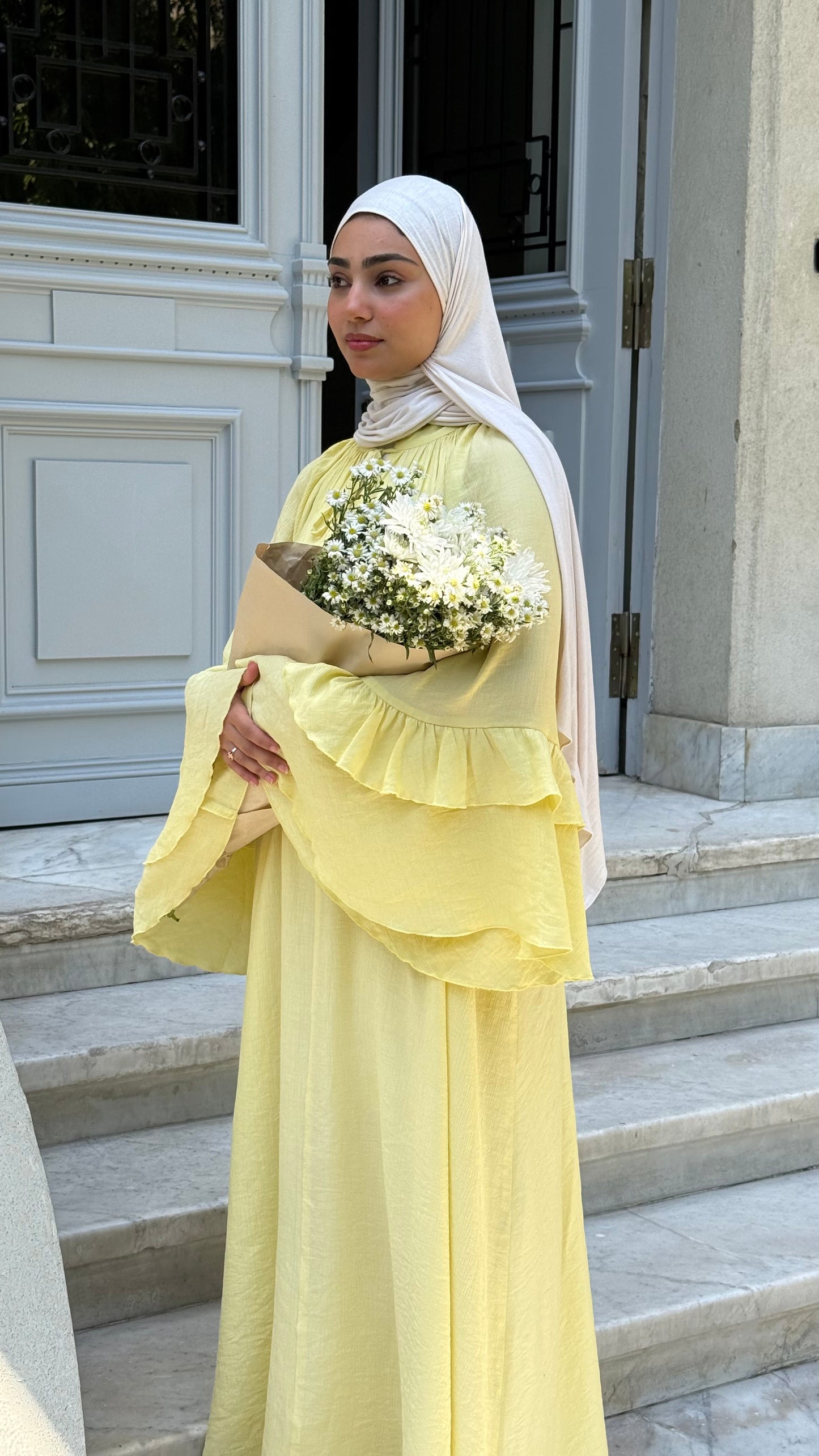 Linen-blend flounced dress with a belt