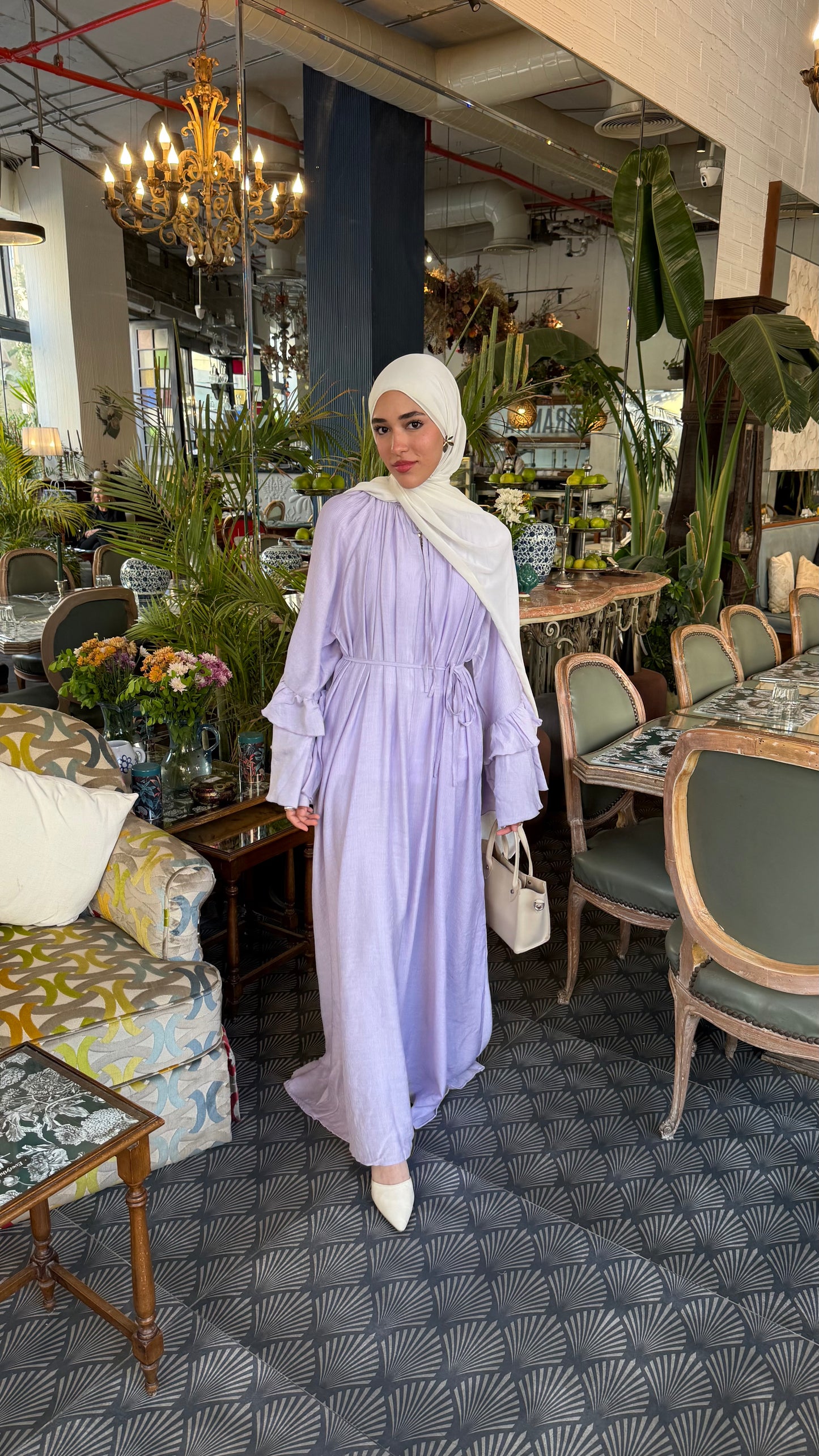 Linen-blend flounced dress with a belt